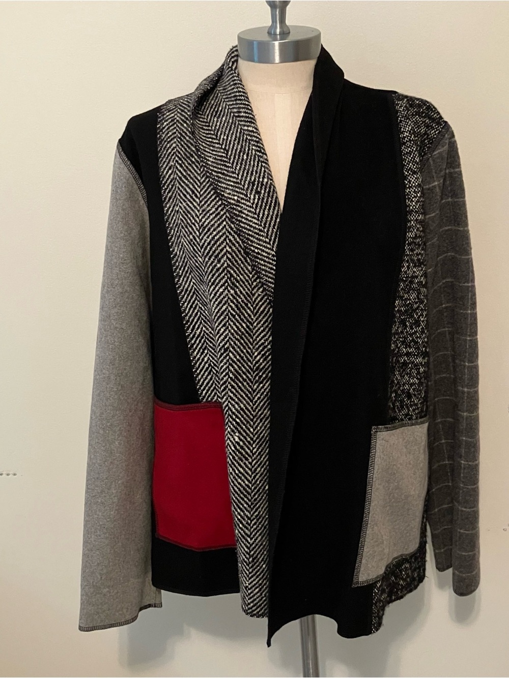 Women’s Wool Gray Black Patchwork Jacket M Open Waterfall Lagenlook Cameleon